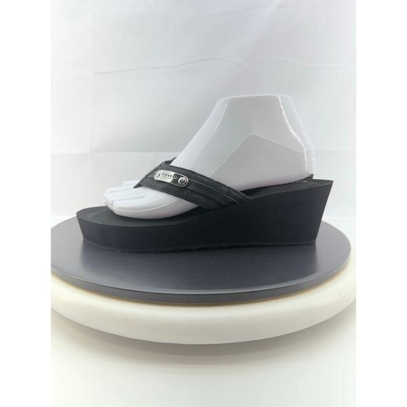 COACH Jaden Signature Womens Size 7.5B Wedge Thong Sandals Black Slip On Shoes - Picture 1 of 11